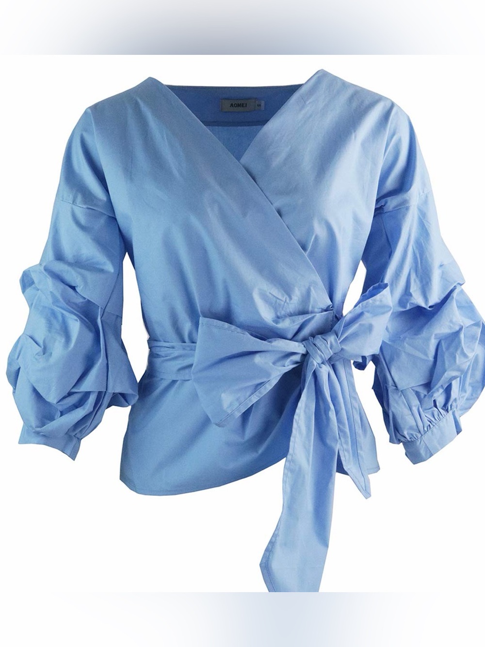 Aomei Stunning Light Blue Wrap Blouse with Tie Waist and Balloon Sleeves, Medium